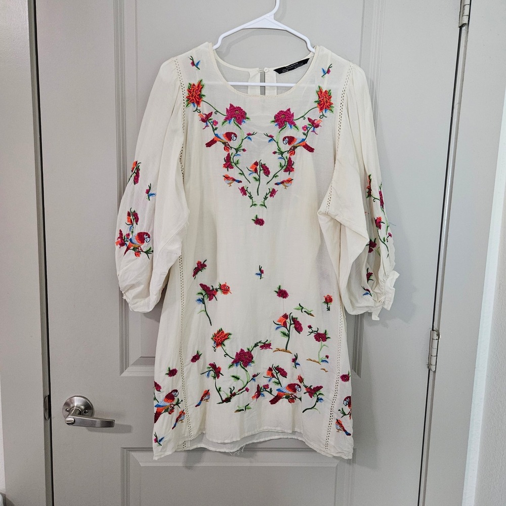Zara Woman Premium Denim Collection Embroidered Bird Floral Tunic Dress XS